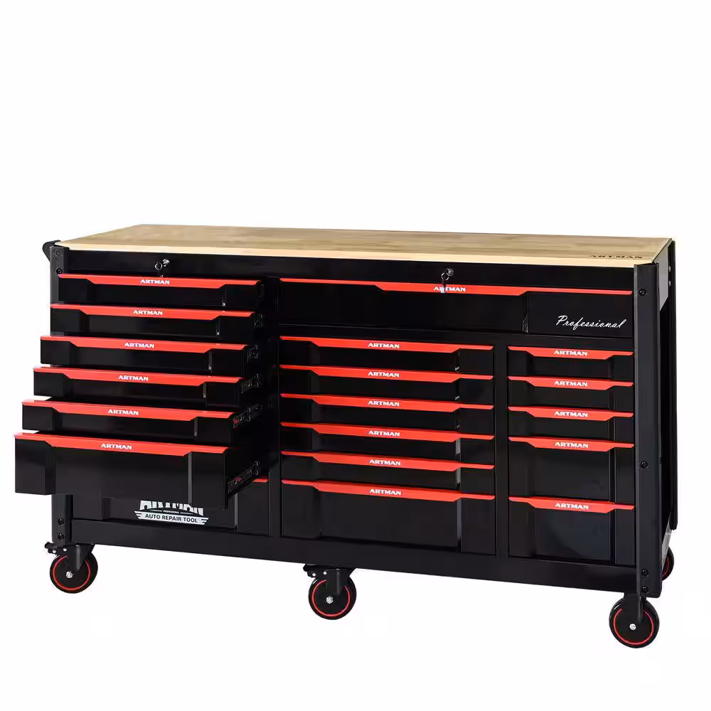 68.5 in. x 19 in. 19-Drawer Heavy Duty Metal Rolling Tool Chest Combo, Black & Red