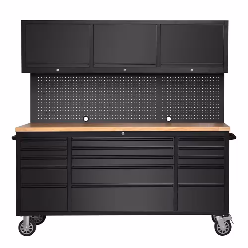 72 in W x 18 in D Heavy Duty 15-Drawer Mobile Workbench Tool Chest with Top Cabinets, Pegboard & Wheels, Black
