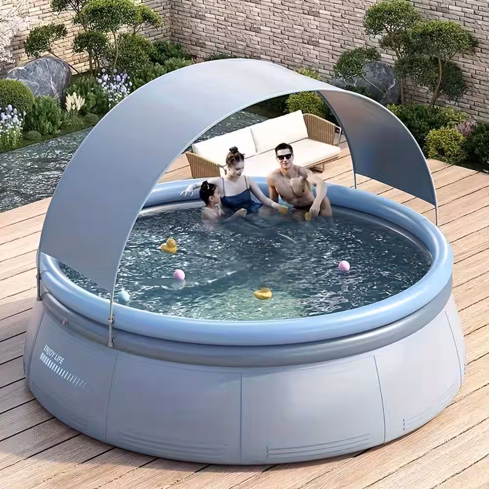 118.11 in. x 25.98 in. Round Outdoor Inflatable Pool, Aqua Gray