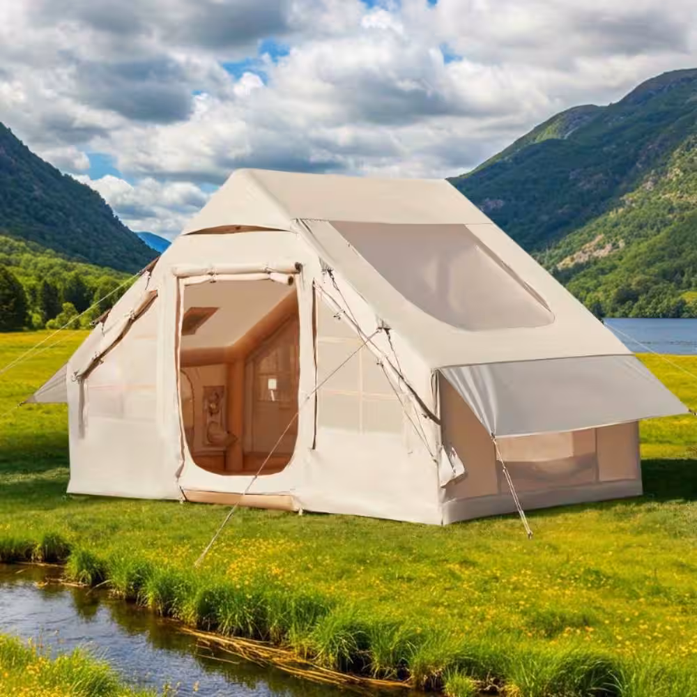 7 ft x 10 ft Inflatable Camping Tent with Stove Jack, Extended Canopy, Beige