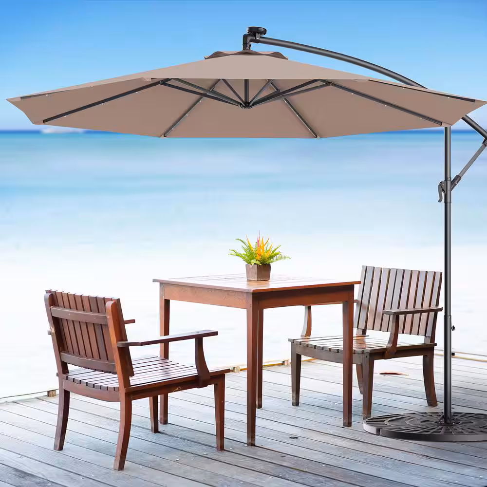 10 ft Steel Market Hanging Solar LED Patio Umbrella with Heavy-Duty Cross Base, Tan