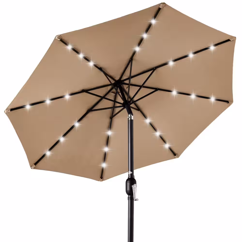 10 ft Market Solar LED Lighted Tilt Patio Umbrella with UV-Resistant Fabric, Tan