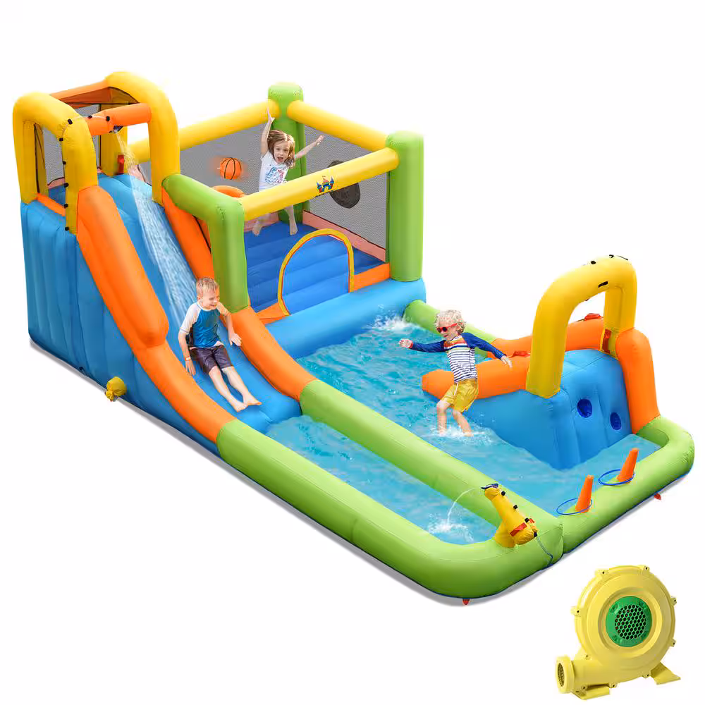 Inflatable Water Slide Park Bounce House with Climbing Wall, 750-Watt Blower
