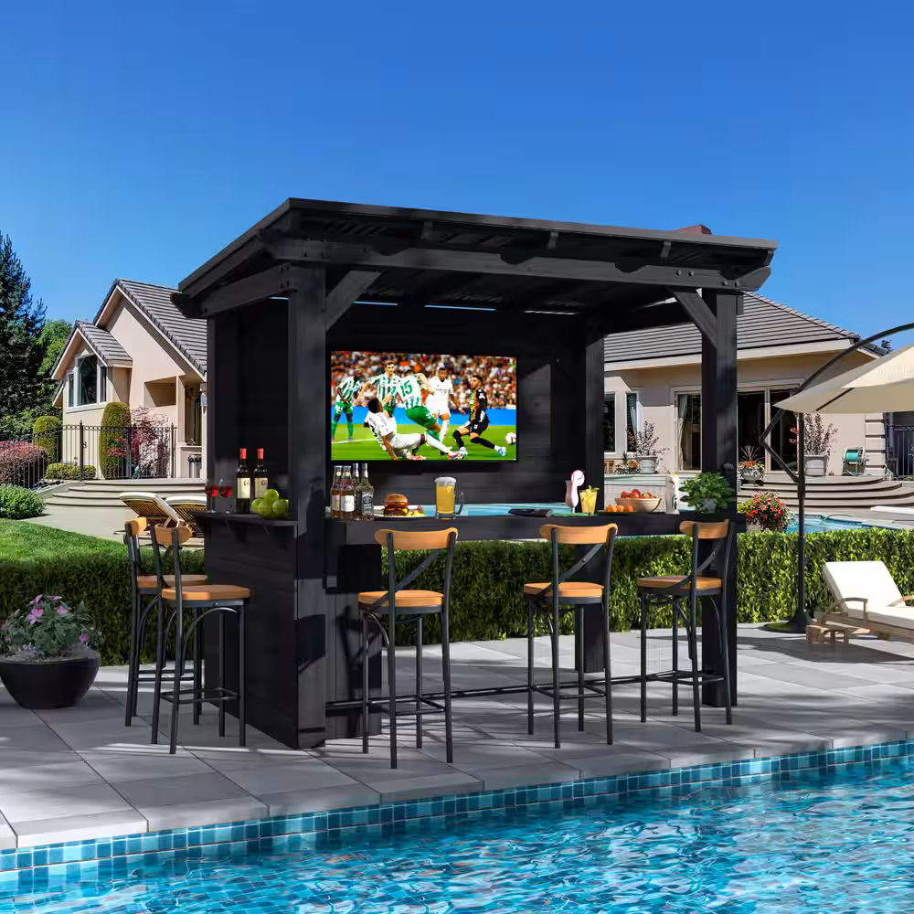 8.5 ft x 6 ft Cedar Outdoor Gazebo Bar with Metal Sloped Roof & Storage Cabinet, Black