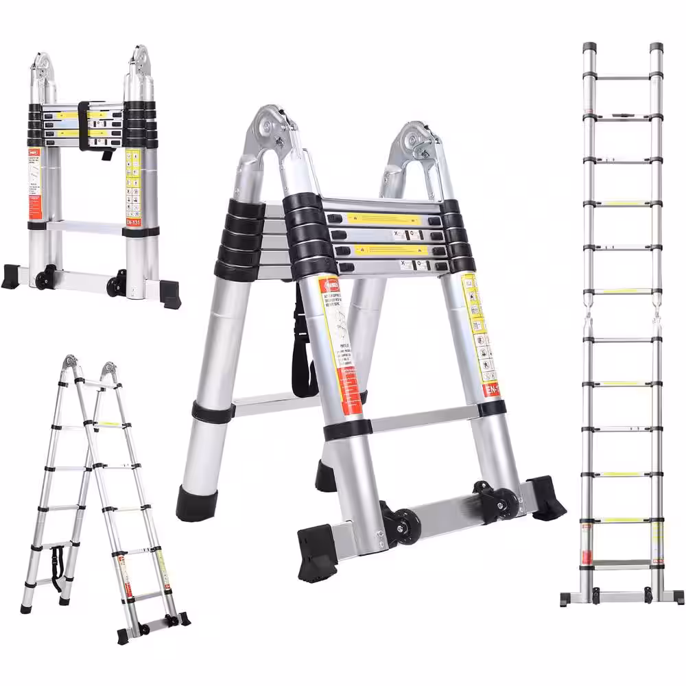 12.5 ft Multi-Purpose A-Frame Aluminum Extension Ladder with Wheels, 330 lb Capacity