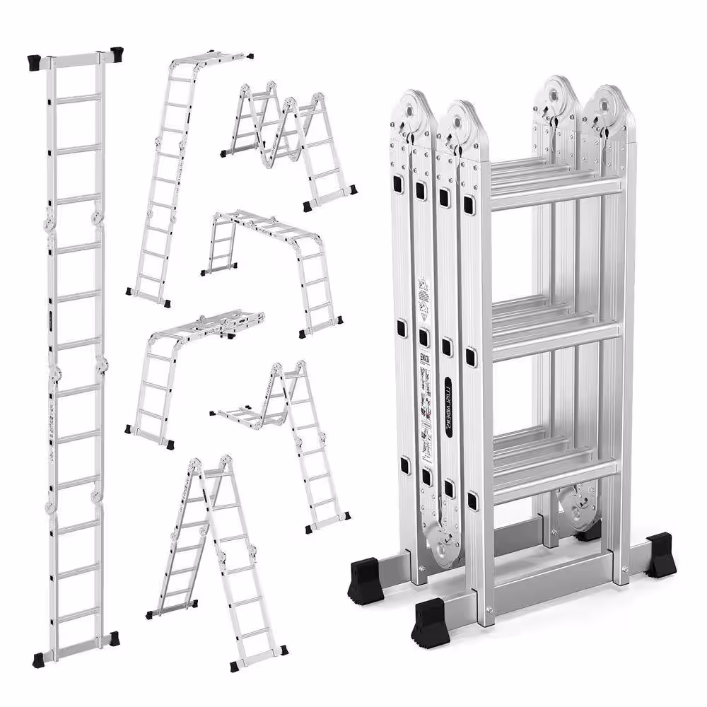 12.5 ft Aluminum Multi-Purpose Folding Ladder 7-in-1 Heavy Duty Combination, EN131 330 lb 3 Section Extension Ladder