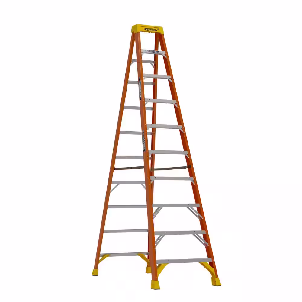 10 ft Fiberglass Step Ladder, 14 ft Reach Height, 300 lb Load Capacity Type IA