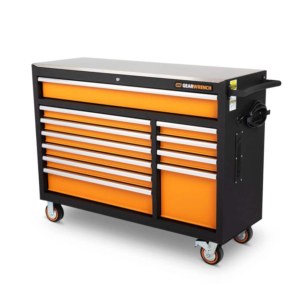 52 in x 18 in 11-Drawer Orange & Black Powder-Coated Steel Rolling Tool Cabinet with Stainless Steel Worktop